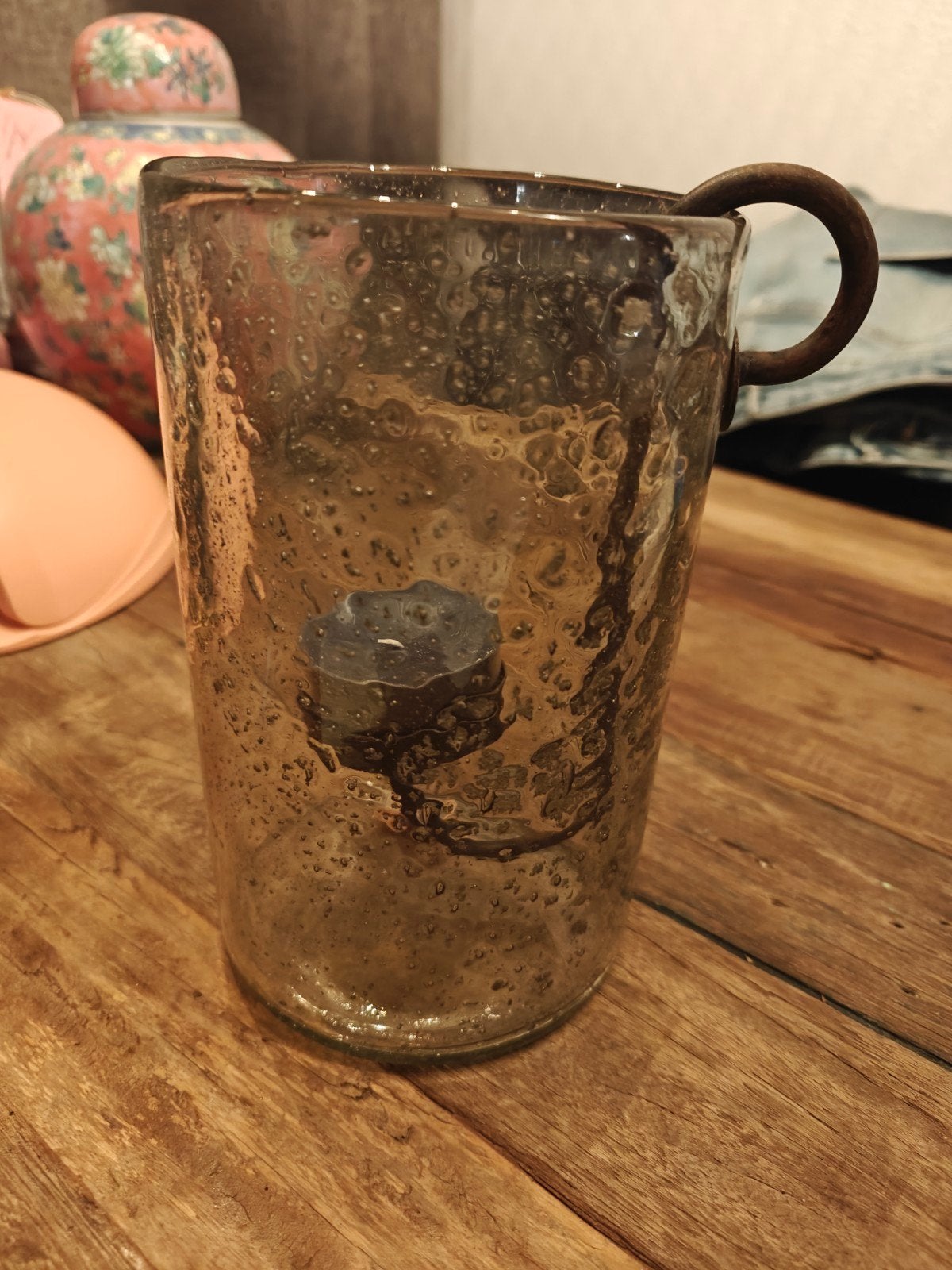 Glazen windlicht/waxinelichthouder met metalen hengsel, Ophalen, Windlicht, Bruin, Glas