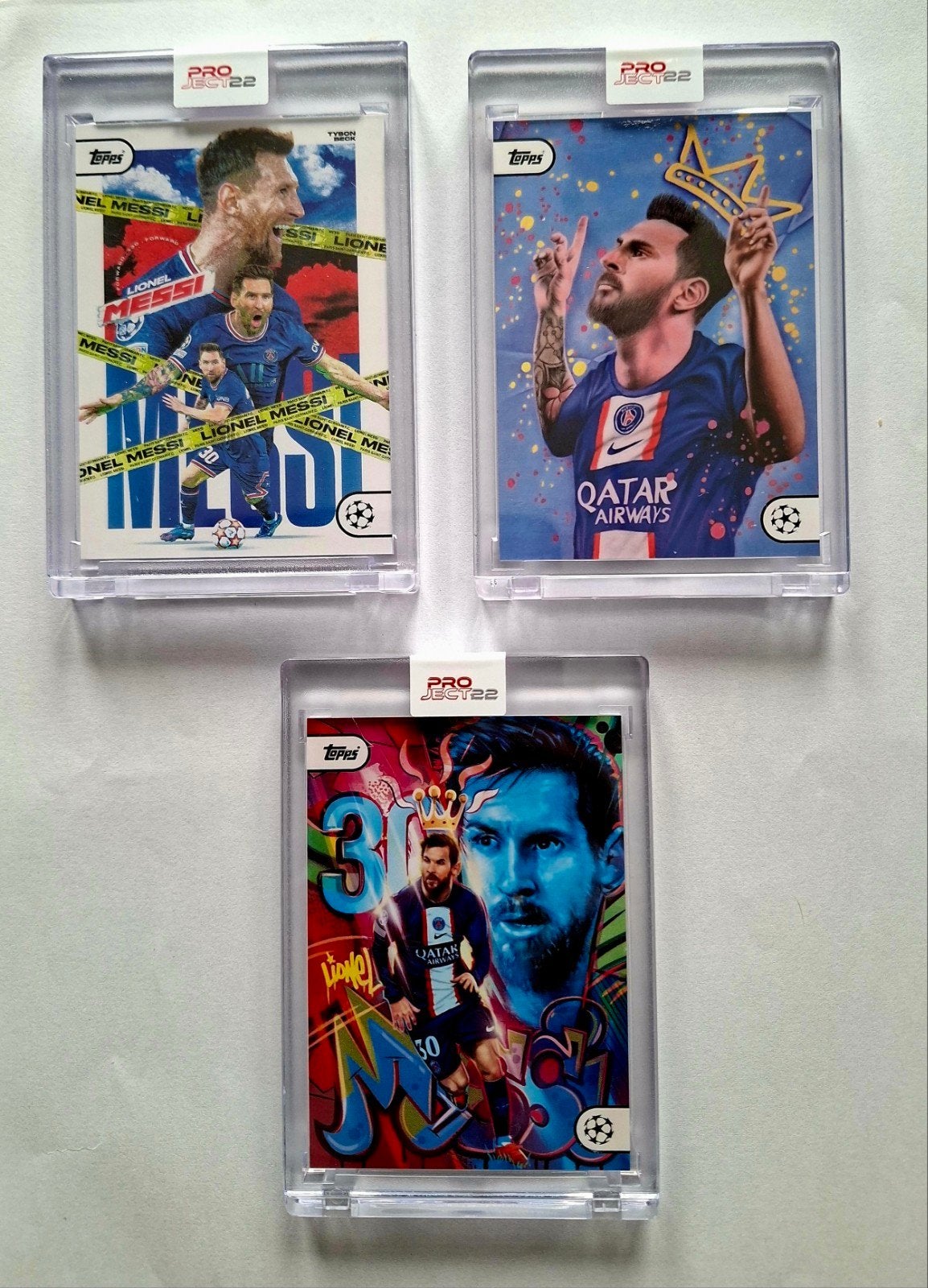 Lionel Messi PSG 3 x Kaarten Topps Project 22 Sealed, Verzamelen, Ophalen of Verzenden, Zo goed als nieuw, Buitenlandse clubs