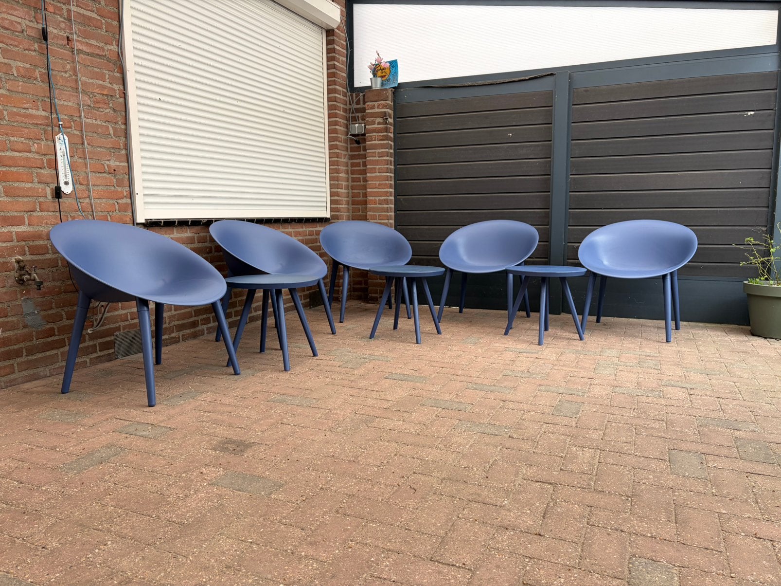3x Marbella Bistroset Decoris 5 kuipstoelen 3 tafeltjes, Ophalen, Modern kuipstoel, Blauw, Nieuw