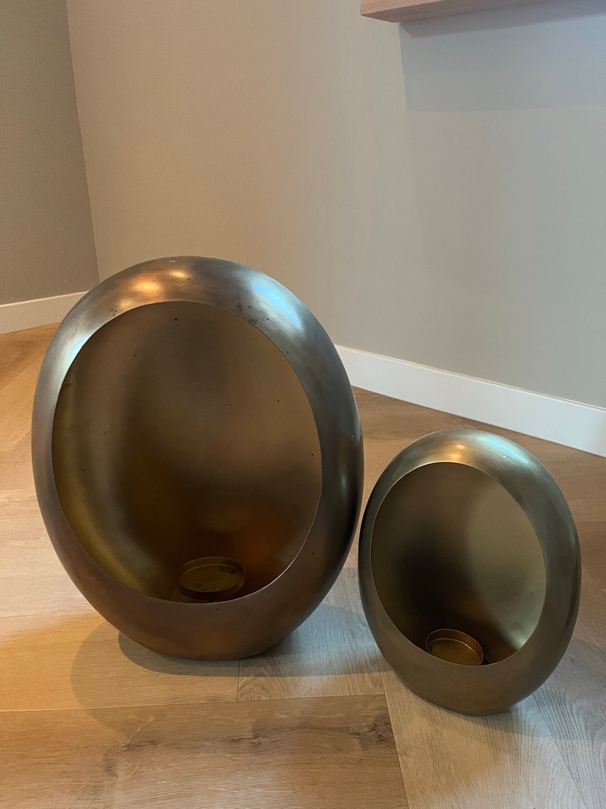 Set van 2 bronzen windlichten/kandelaars, Ophalen, Windlicht, Bruin, Zo goed als nieuw