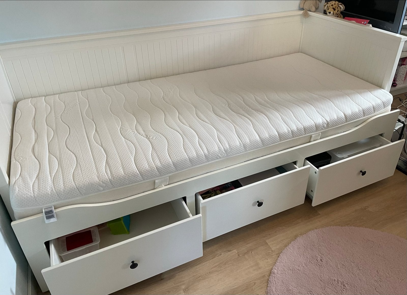 IKEA Hemnes bedbank met 3 lades en matras, Ophalen, Eenpersoons, Wit, 80 cm