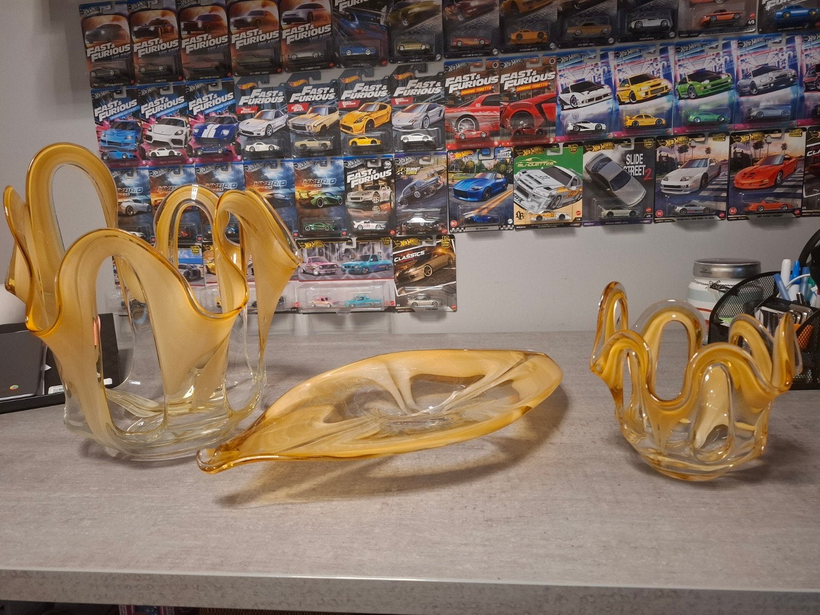 Prachtige 3-delige vintage set amberkleurig kunstglas –, Antiek en Kunst, Ophalen