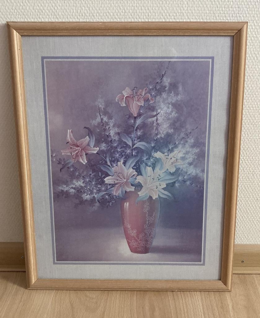 Schilderij Vaas met bloemen in passe-partout lijst 55x45cm, Ophalen, Minder dan 50 cm, 50 tot 75 cm, Zo goed als nieuw