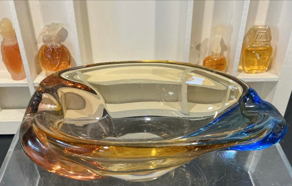 Vintage glazen asbak/schaal - amber en blauw, Verzenden