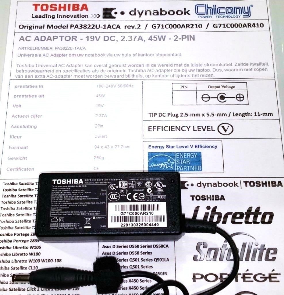 Toshiba PA3822U-1ACA 19V 2.37A 45W Adapter Oplader A045R001L, Ophalen of Verzenden, Nieuw, Toshiba