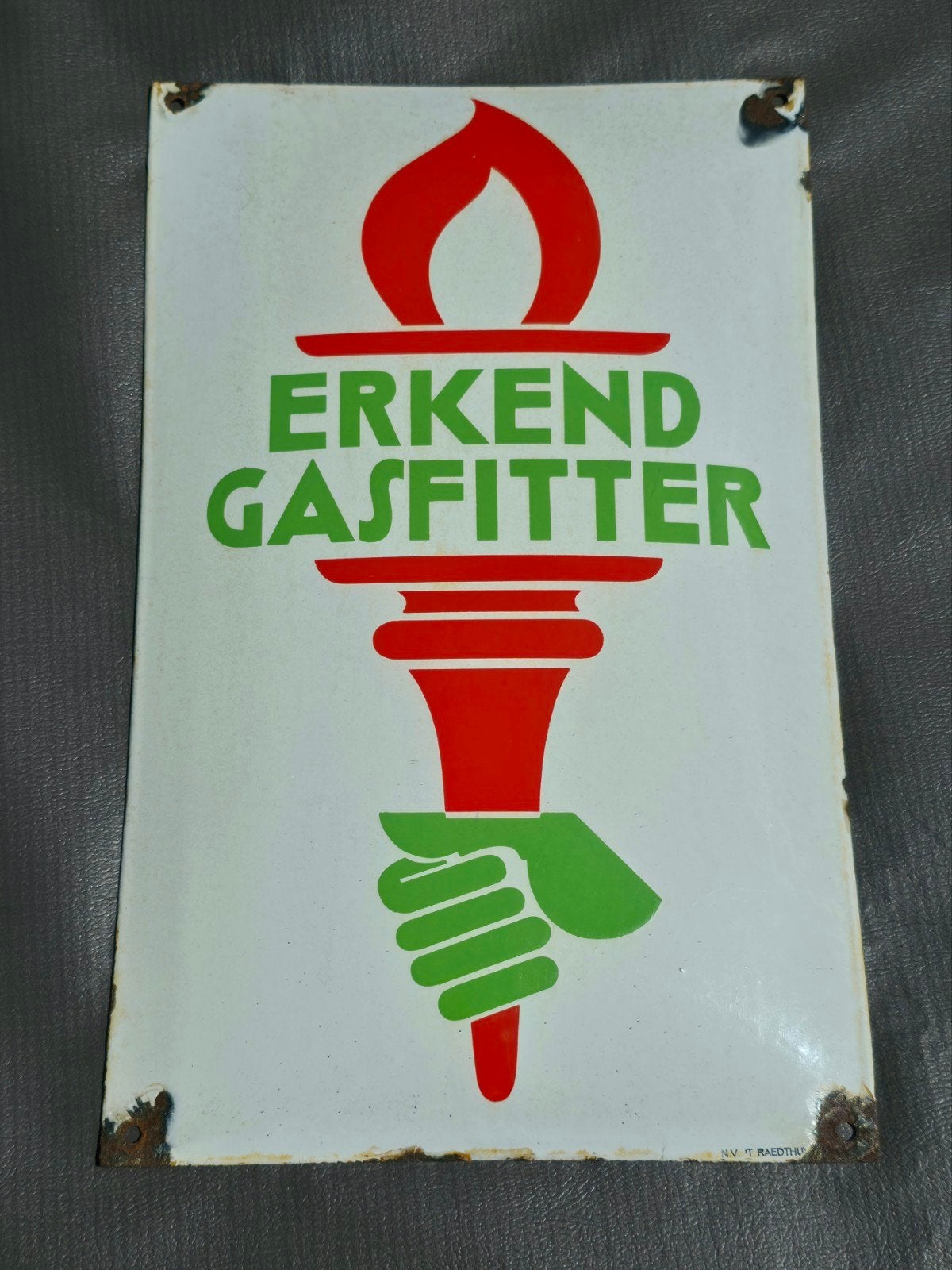 Bol Emaille reclamebord  Erkend Gasfitter ( N.V.Ț readthuys), Ophalen of Verzenden, Gebruikt, Reclamebord