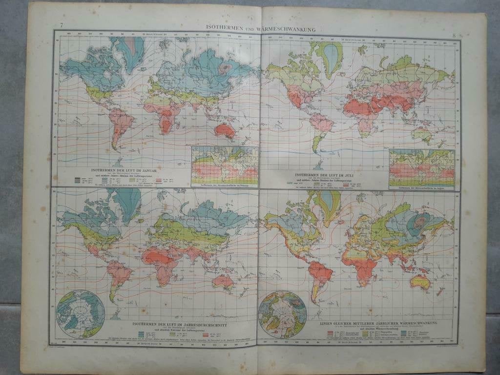 007-008/ wereldkaart met isothermen Litho 1899, Ophalen of Verzenden
