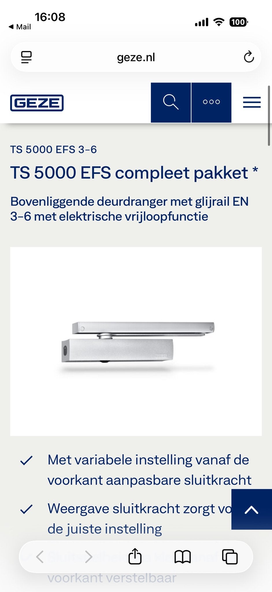 2X GEZE TS 5000 EFS compleet pakket - Deurdrangers glijrail, Ophalen of Verzenden, Nieuw
