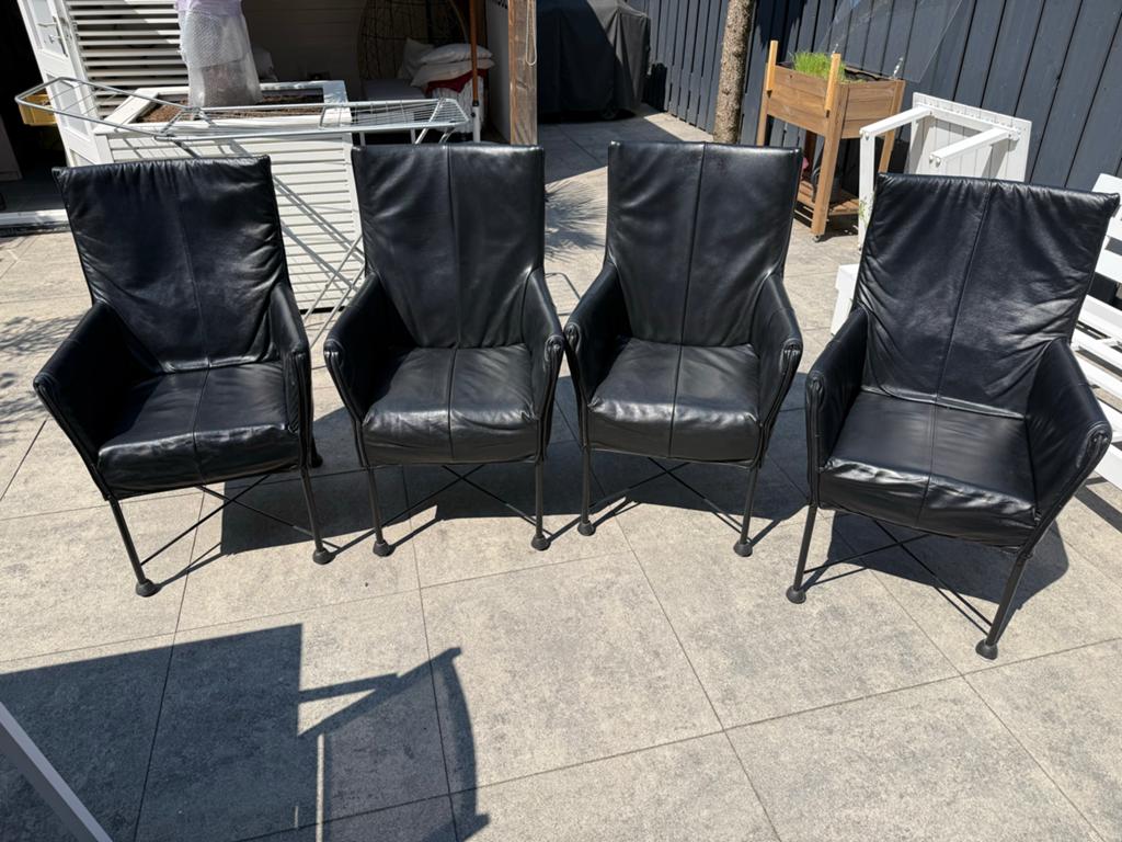 4 zwarte Montis Chaplin stoelen leer - 2 hard, 2 zacht, Gebruikt, Zwart, Leer, Ophalen of Verzenden