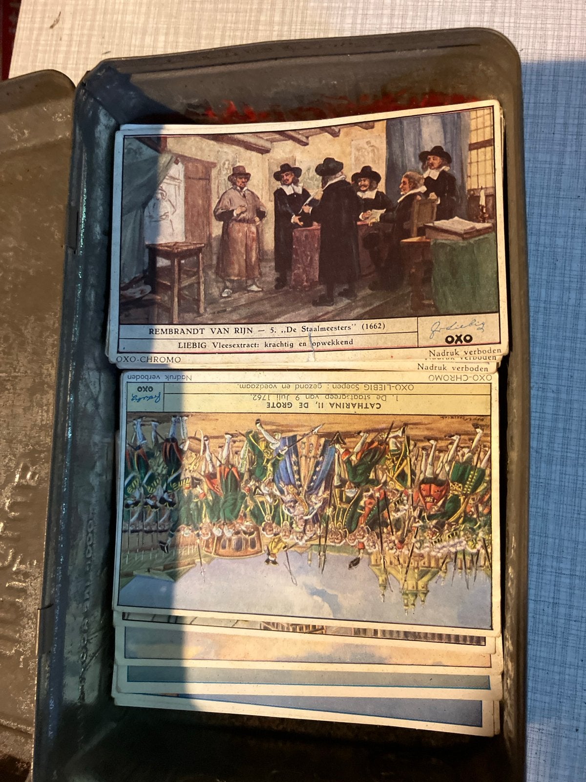 Oude Liebig Vleesextract Chromo's - Rembrandt en Catharina, Gebruikt, Ophalen of Verzenden, Voor 1940, Prent