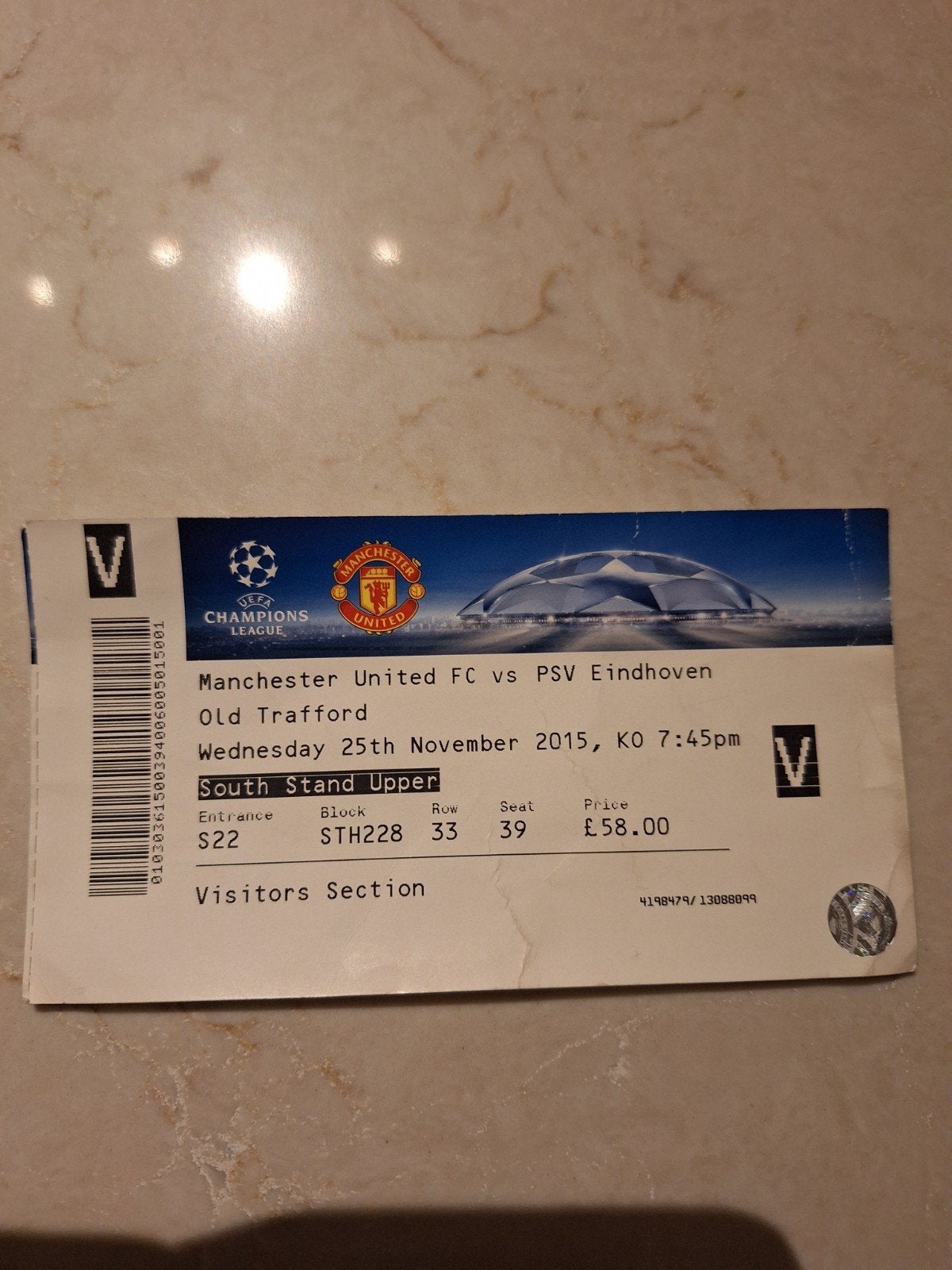 ticket manchester united- psv ch league 25-11-2015, Verzamelen, Ophalen of Verzenden, Zo goed als nieuw, PSV, Overige typen