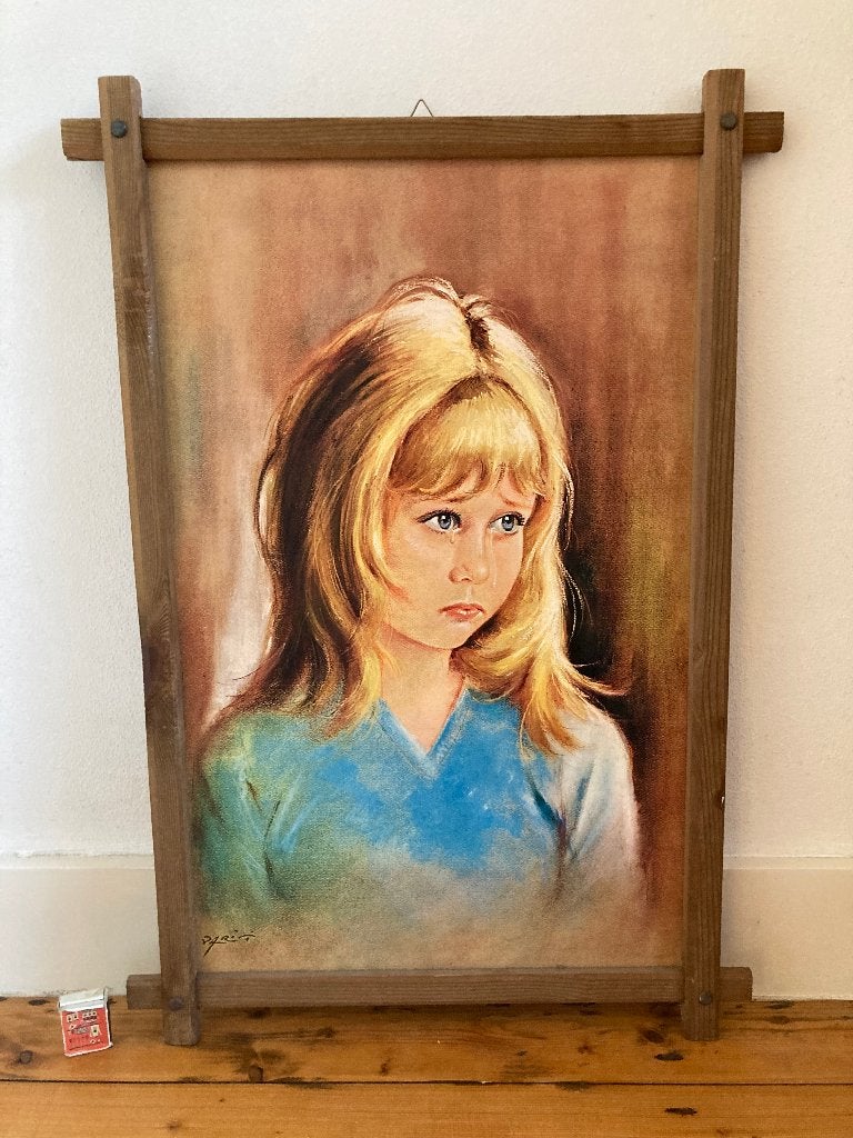Betraand blond meisje lang haar haarpony pony verdrietig, Ophalen of Verzenden, Zo goed als nieuw, Schilderij, 75 – 100
