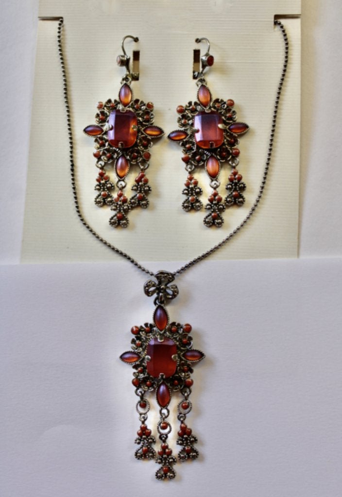 Halssnoer + oorbellen set orientaals Indiaas bordeaux zilver, Met kristal, Overige materialen, Hangers, Nieuw