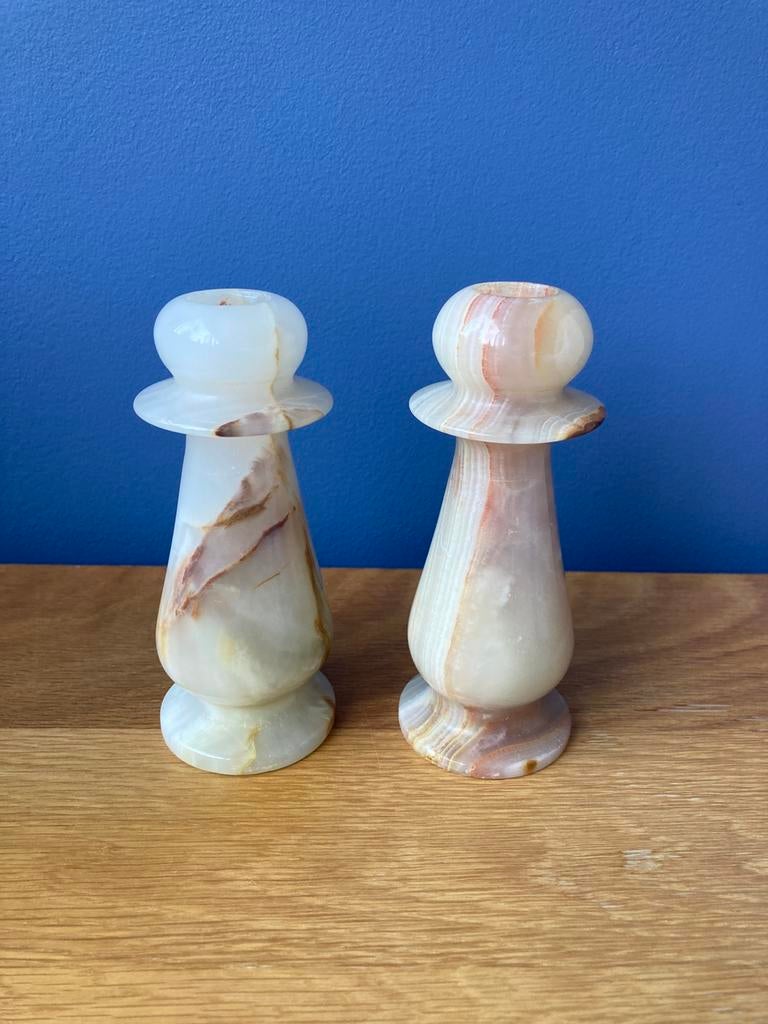 Twee onyx kandelaars, 12 cm, zeer goede staat, Overige materialen, Ophalen of Verzenden, Zo goed als nieuw, Kandelaar