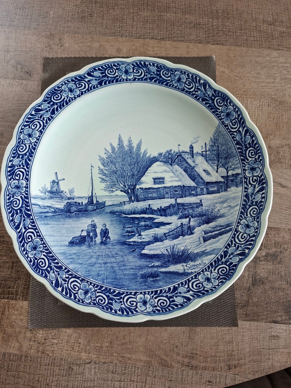 Delfts Blauw Wandbord Winterlandschap J. Sonneville, Ophalen of Verzenden
