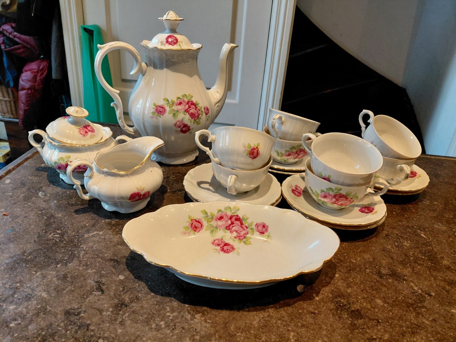 Compleet MZ Czechoslovakia Porseleinen Koffieservies Roosjes, Ophalen of Verzenden