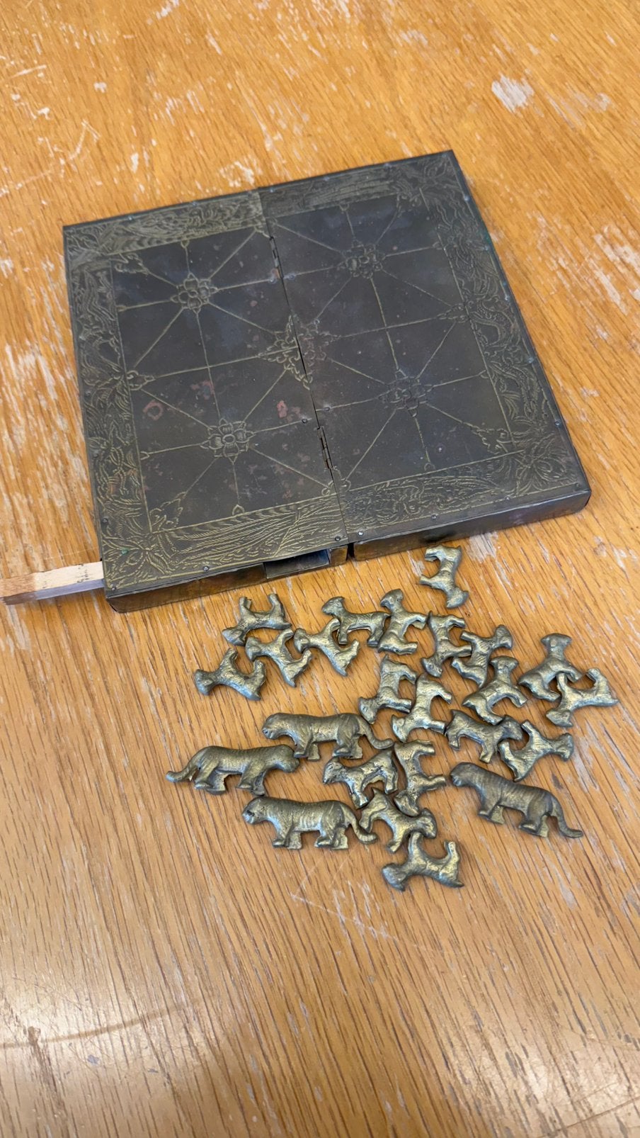 Vintage messing reisbordspel met dierenfiguren, Ophalen of Verzenden, Gebruikt