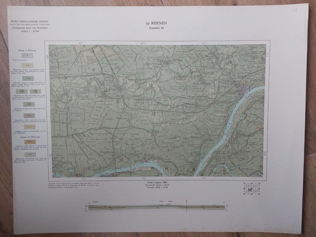 112 / Geologische kaart uit 1942 Rhenen eo kwartblad III, 2000 tot heden, Ophalen of Verzenden, Nederland, Landkaart