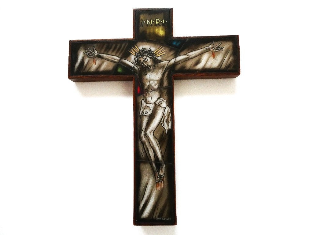 Opaline kruis Corpus Jezus Leon v/d Essen gebrandschilderd, Ophalen of Verzenden