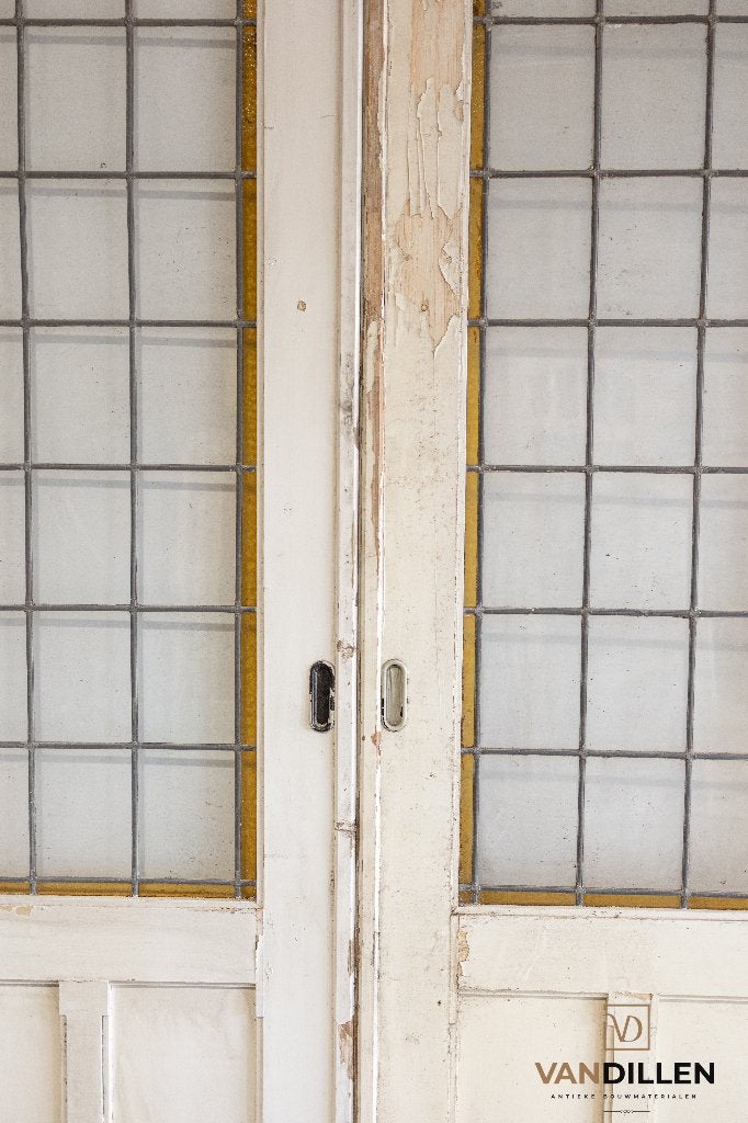 Hoge antieke ensuite schuifdeuren met glas in lood, 120 cm of meer, Binnendeur, Ophalen of Verzenden, Zo goed als nieuw