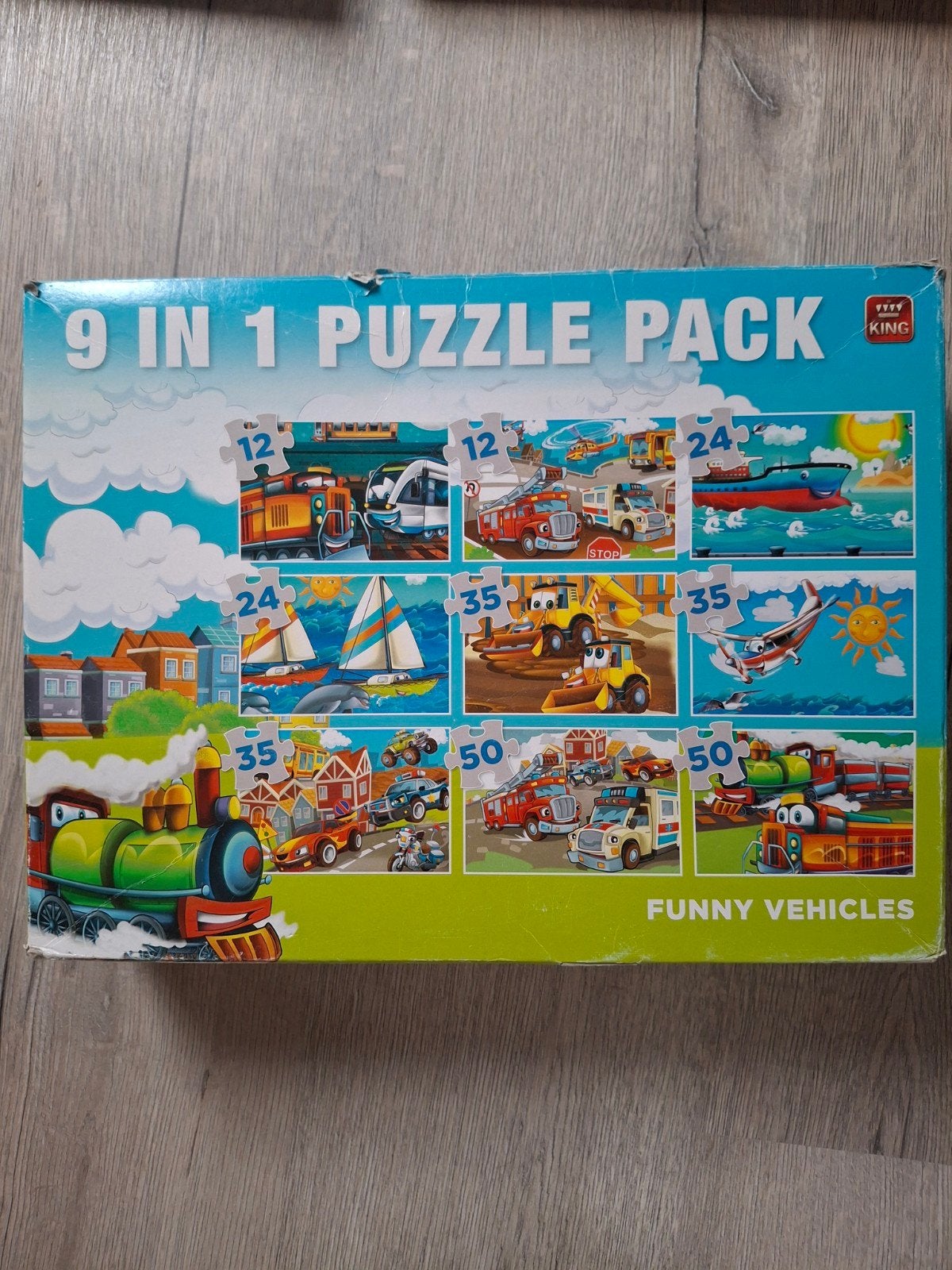 King 9-in-1 Puzzel Pak met Grappige Voertuigen, Ophalen of Verzenden, Meer dan 50 stukjes, Gebruikt, 4 tot 6 jaar