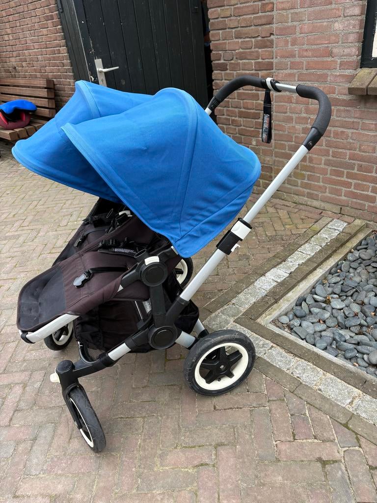 Bugaboo Donkey tweelingwagen zwart/blauw met accessoires, Ophalen, Gebruikt