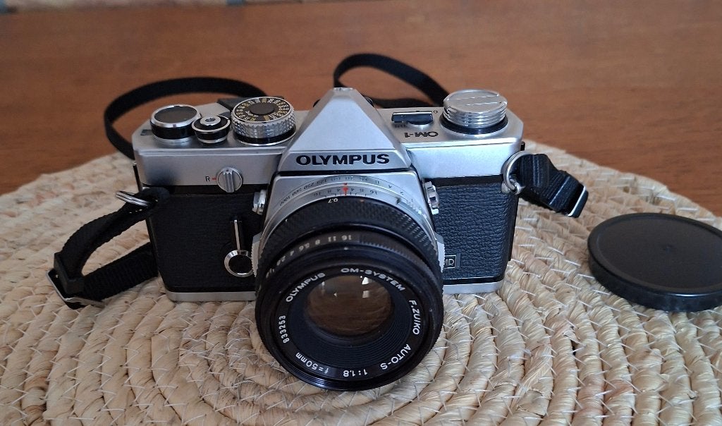 Olympus OM-1-MD met F.Zuiko auto-s lens, draagband Olympus, Ophalen of Verzenden, Gebruikt, Spiegelreflex, Olympus