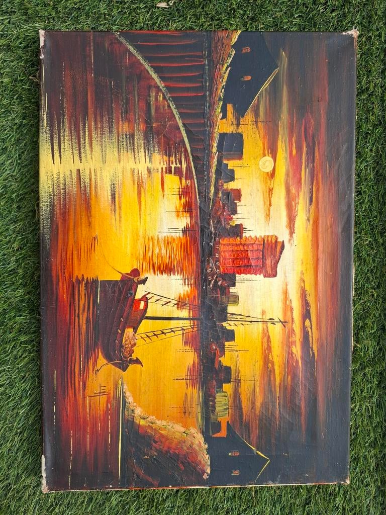 Schilderij met schepen en zonsondergang, Ophalen of Verzenden