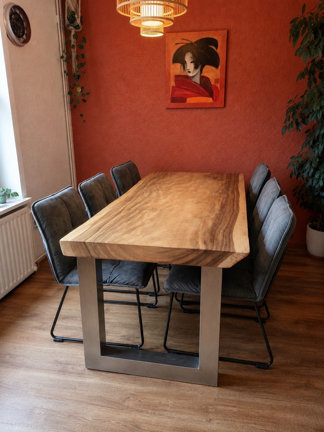 Robuuste suarhouten eettafel met metalen U-onderstel, Gebruikt, Industrieel, robuust, sfeervol, 50 tot 100 cm, Vijf personen of meer