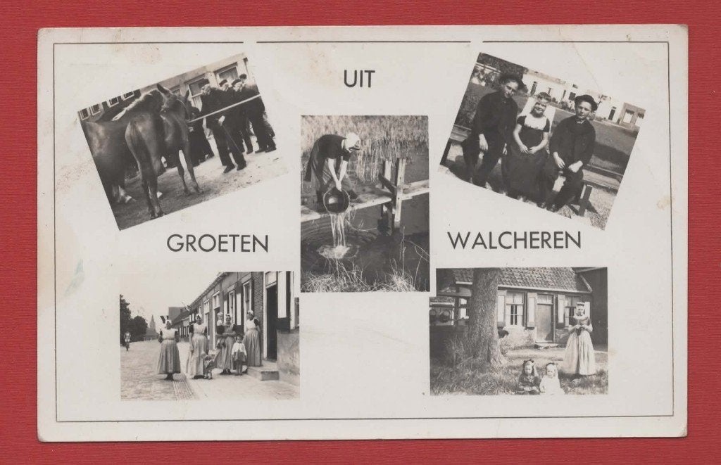 Walcheren - Groeten uit - Klederdracht e.a. - '59 (p. M'burg, Verzamelen, Ansichtkaarten | Nederland, Ophalen of Verzenden, 1940 tot 1960