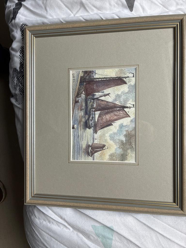 Vintage aquarel zeilschepen in lijst - gesigneerd GB 84, Ophalen of Verzenden