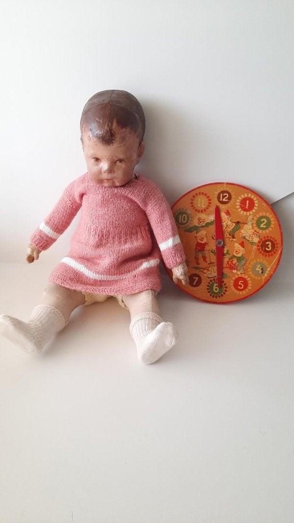 Vintage houten klok, leuk bij kathe kruse poppen, Antiek en Kunst, Ophalen of Verzenden