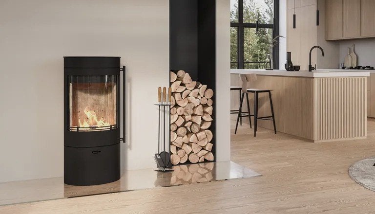 Houtkachel van Lotus model Orbis 1 met Robax NightFlame glas, Ophalen of Verzenden, Zo goed als nieuw, Vrijstaande haard, Houthaard