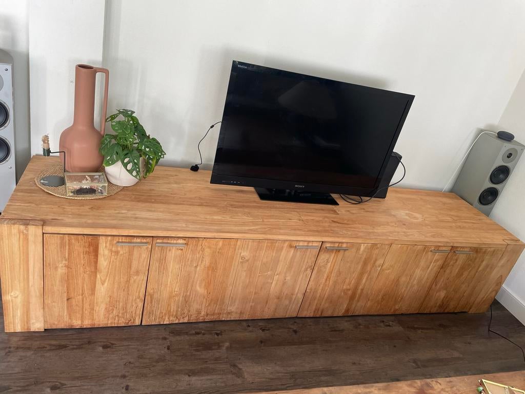 Teak TV Meubel opbergkast wandkast halkast opbergbank, Ophalen, Gebruikt, Teakhout, 200 cm of meer