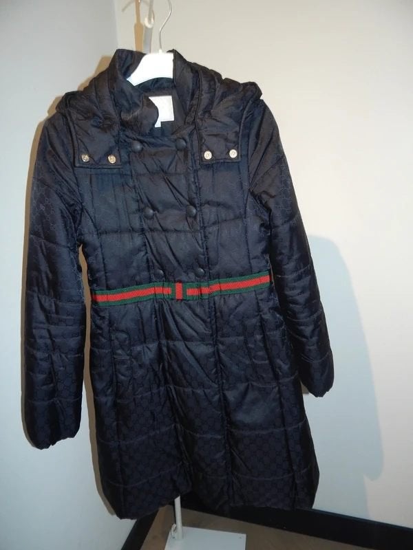 Gucci warme lange jas monogram print rood groen strik 12 Y, Gebruikt, Gucci, Jas, Verzenden