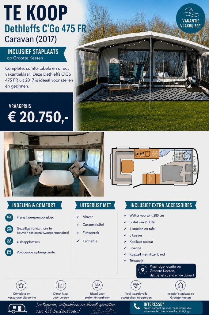 Te Koop: Dethleffs C’Go 475 FR (2017), Koelkast, Omvormbare zithoek, Rondzit, Particulier