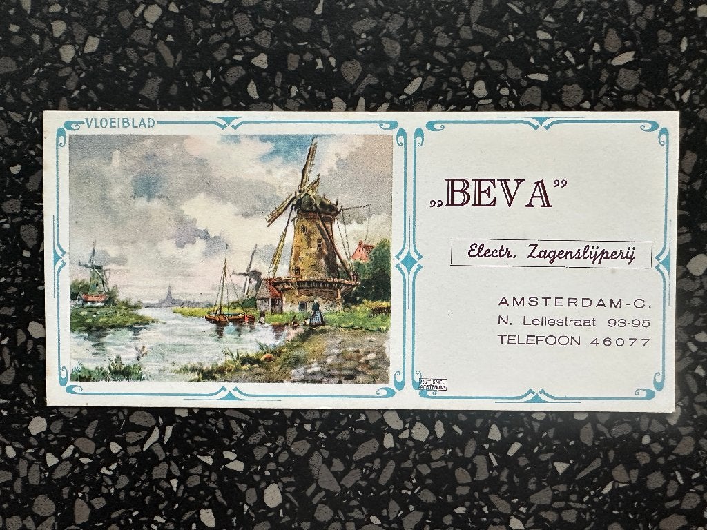 Vloeiblad Beva Electr. Zagenslijperij. Amsterdam Tel: 46077., Ophalen of Verzenden, Gebruikt, Gebruiksvoorwerp