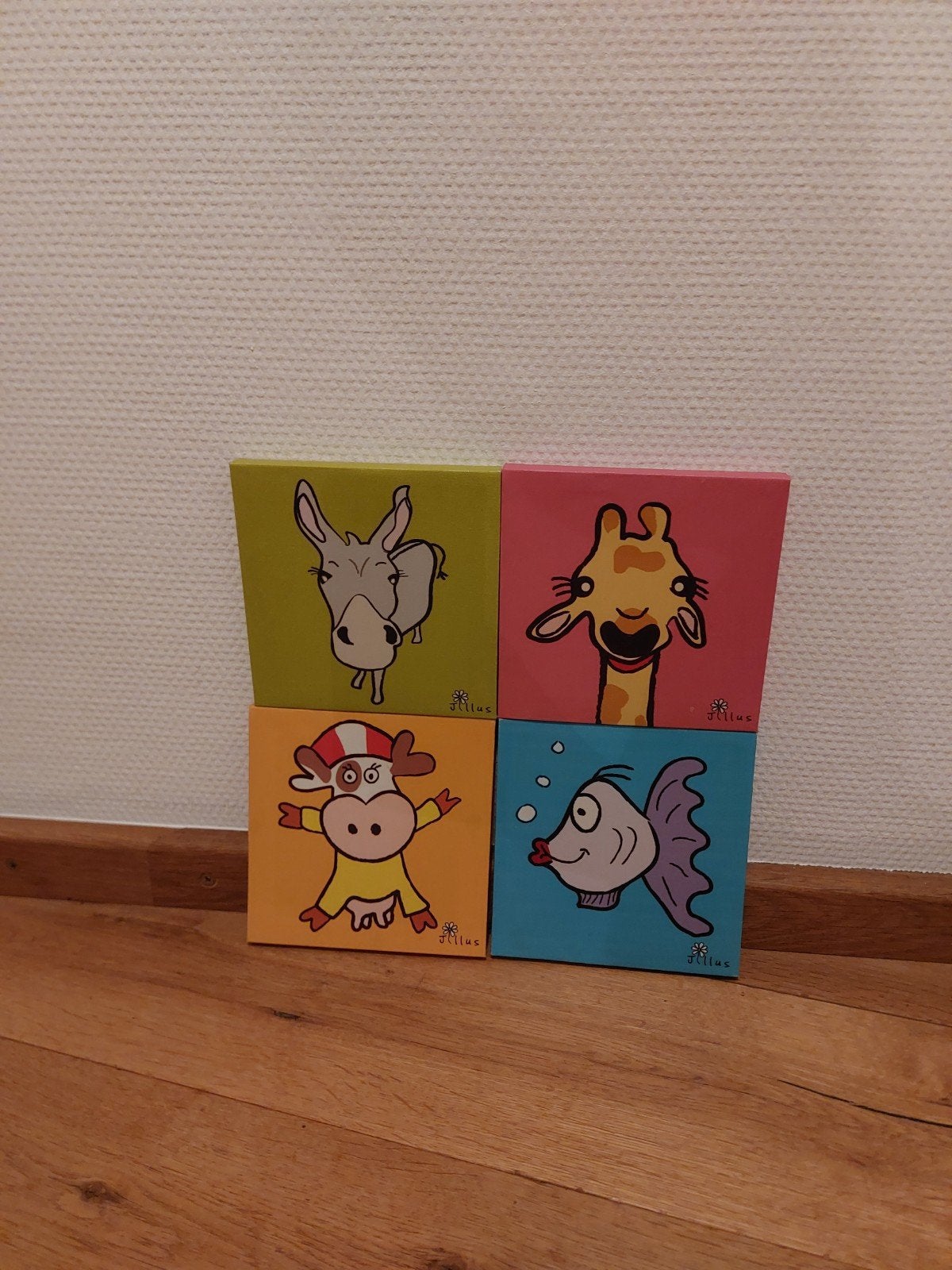 Set van 4 vrolijke kinder schilderijtjes met dieren, Ophalen of Verzenden, Dieren