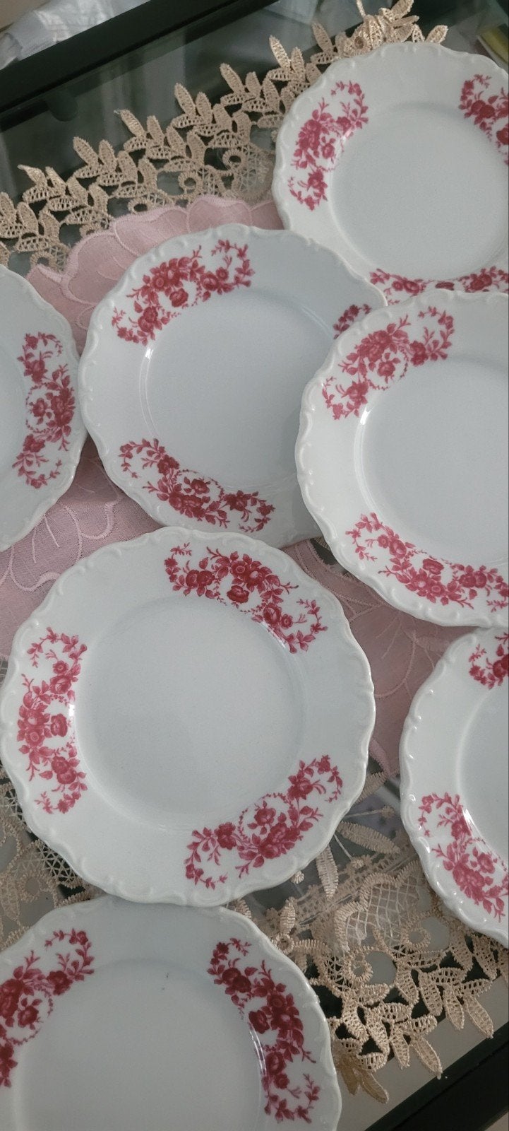 Set van 9 vintage porseleinen borden met rood bloemmotief, Ophalen of Verzenden