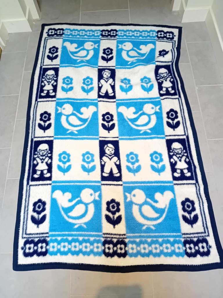 Vintage Baby Deken Blauw Wit met Vogels, Kinderen en Baby's, Dekens, Slaapzakjes en Inbakerproducten, Ophalen of Verzenden, Zo goed als nieuw