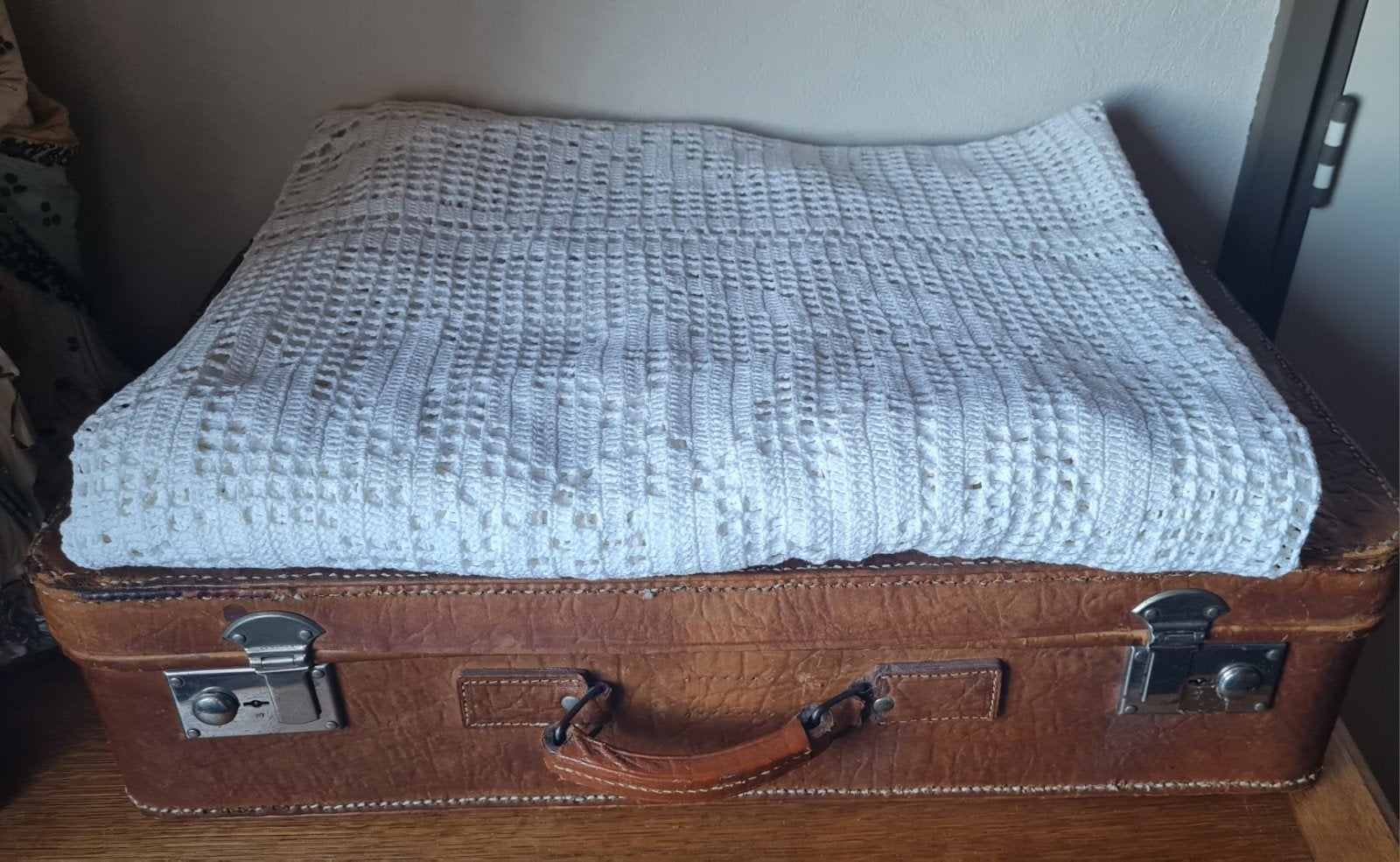 Vintage gehaakte sprei. Witte katoen., Ophalen of Verzenden, Gebruikt