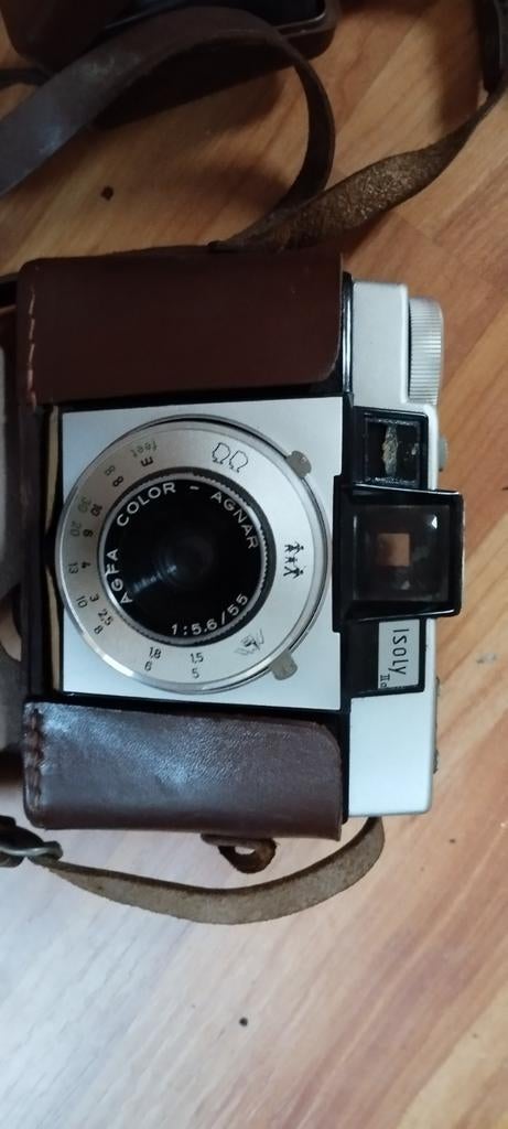 Vintage Agfa Isoly fotocamera met flitser en leren tas, Ophalen of Verzenden, Gebruikt, Compact, Overige Merken