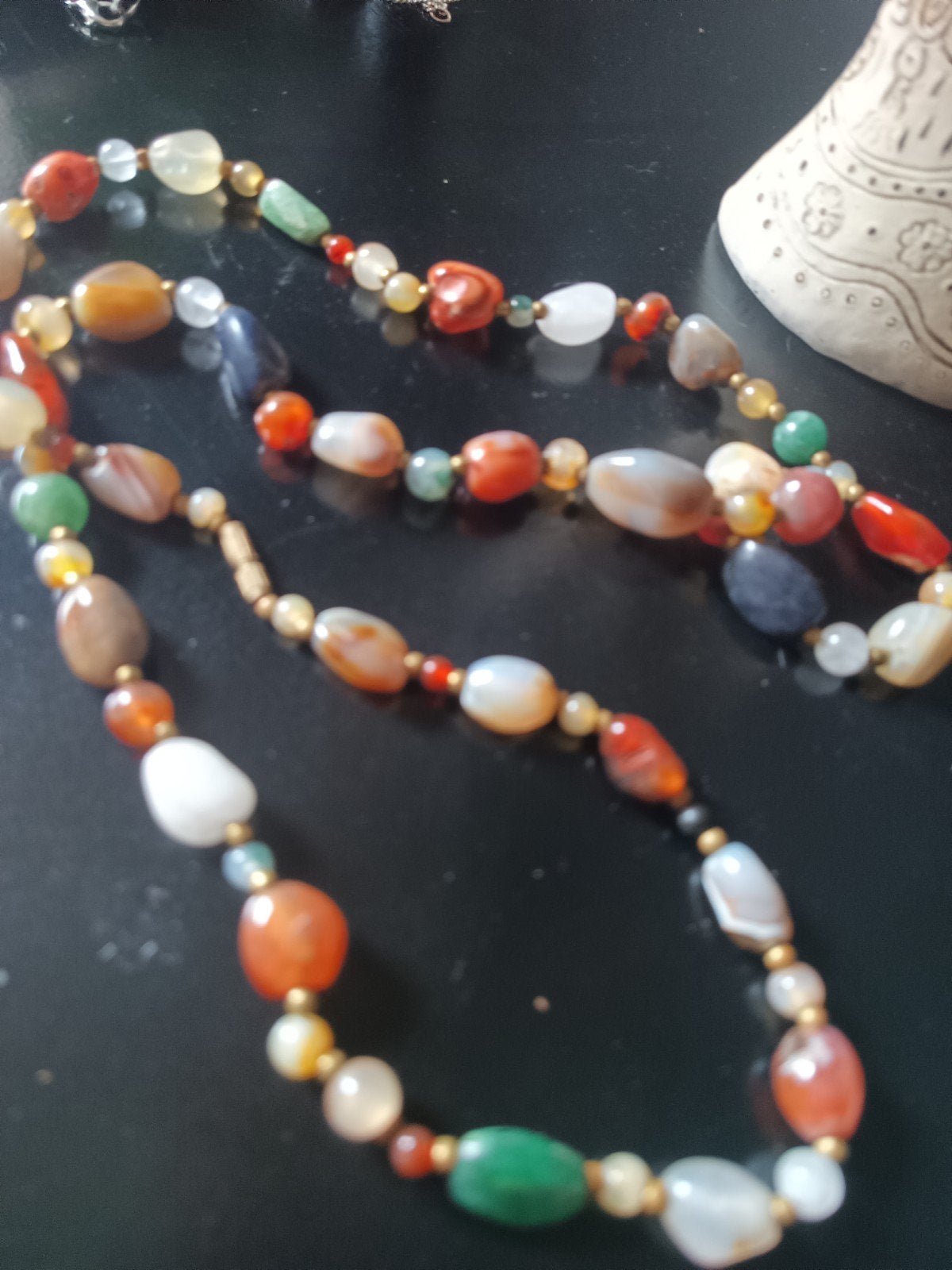 Lange Vintage Edelstenen Ketting (65 cm) carneool, agaat, Ophalen, Zo goed als nieuw, Steen of Mineraal