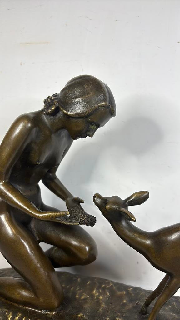 Groot brons beeld, meisje met hertje, Ophalen of Verzenden