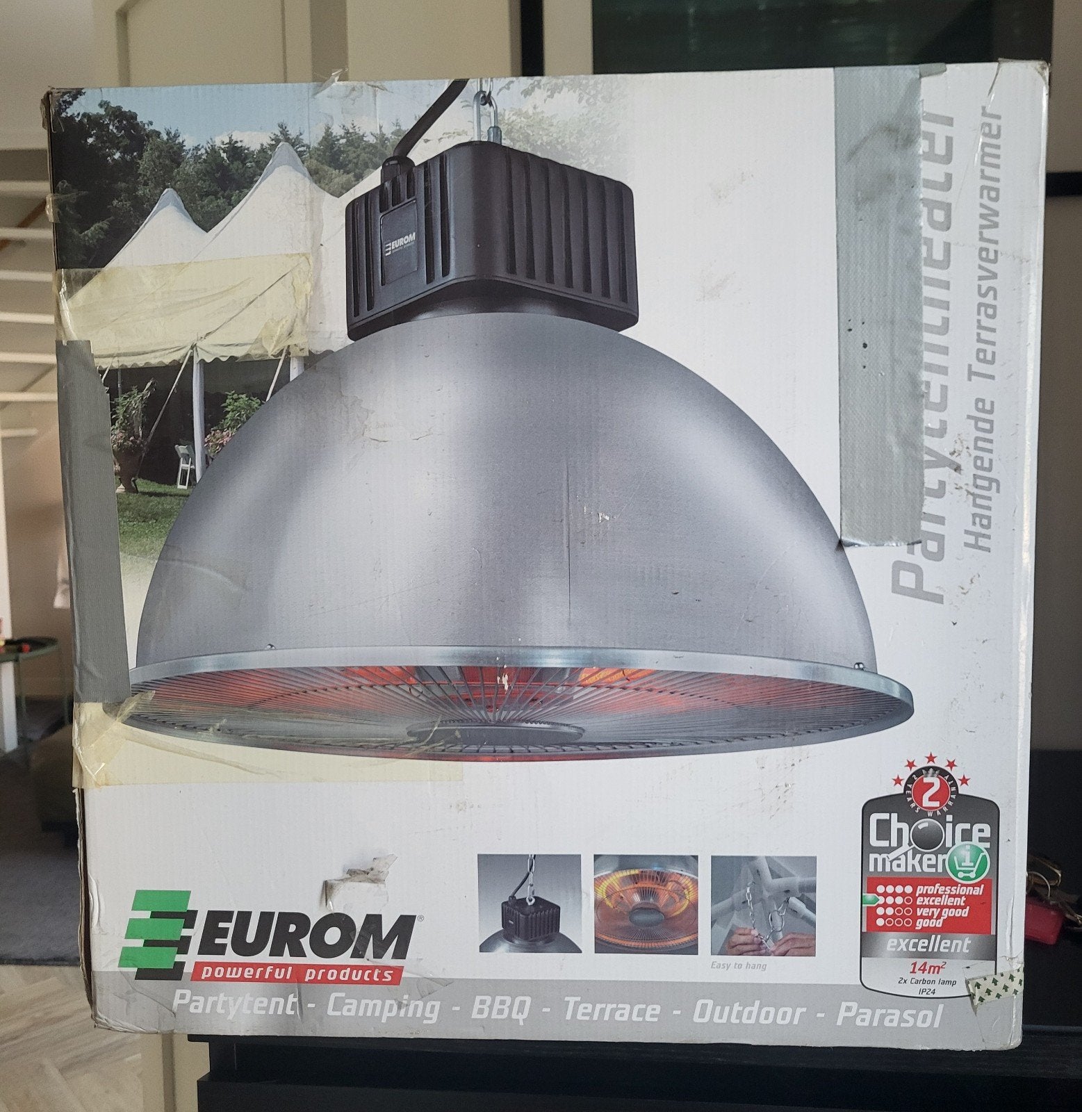 Eurom Hangende Terrasverwarmer 14m², Plafond, Zo goed als nieuw, Waterbestendig, Ophalen