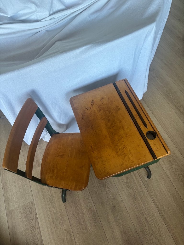 Antieke Amerikaanse schoolbank / lessenaar – hout & metaal, Antiek en Kunst, Ophalen