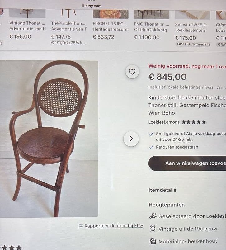 Antieke Fischel Thonet stijl kinderstoel, Made in Czechoslov, Ophalen