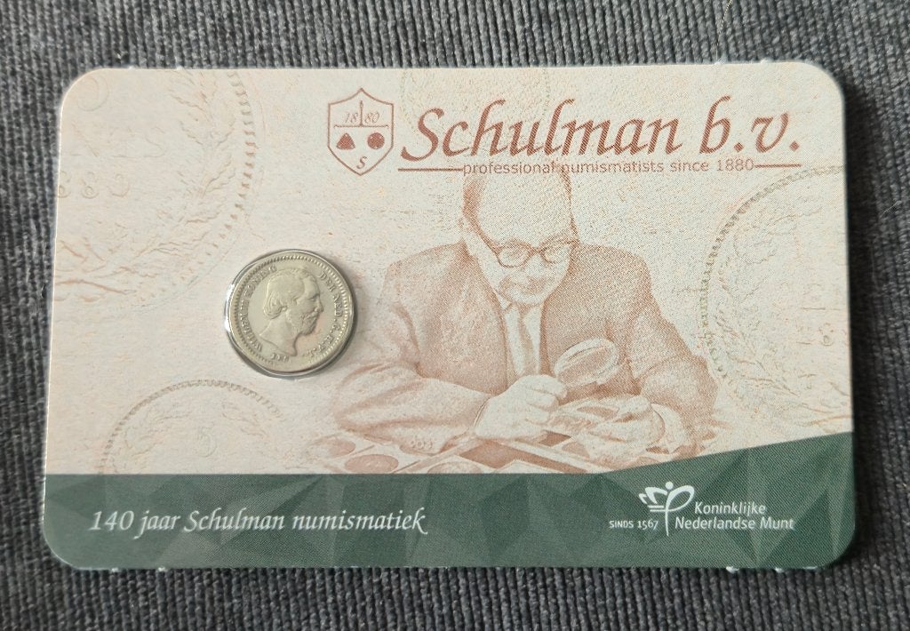 140 jaar Schulman in coincard 5 cent 1850 zilver, Koning Willem III, Verzenden, Zilver, Losse munt