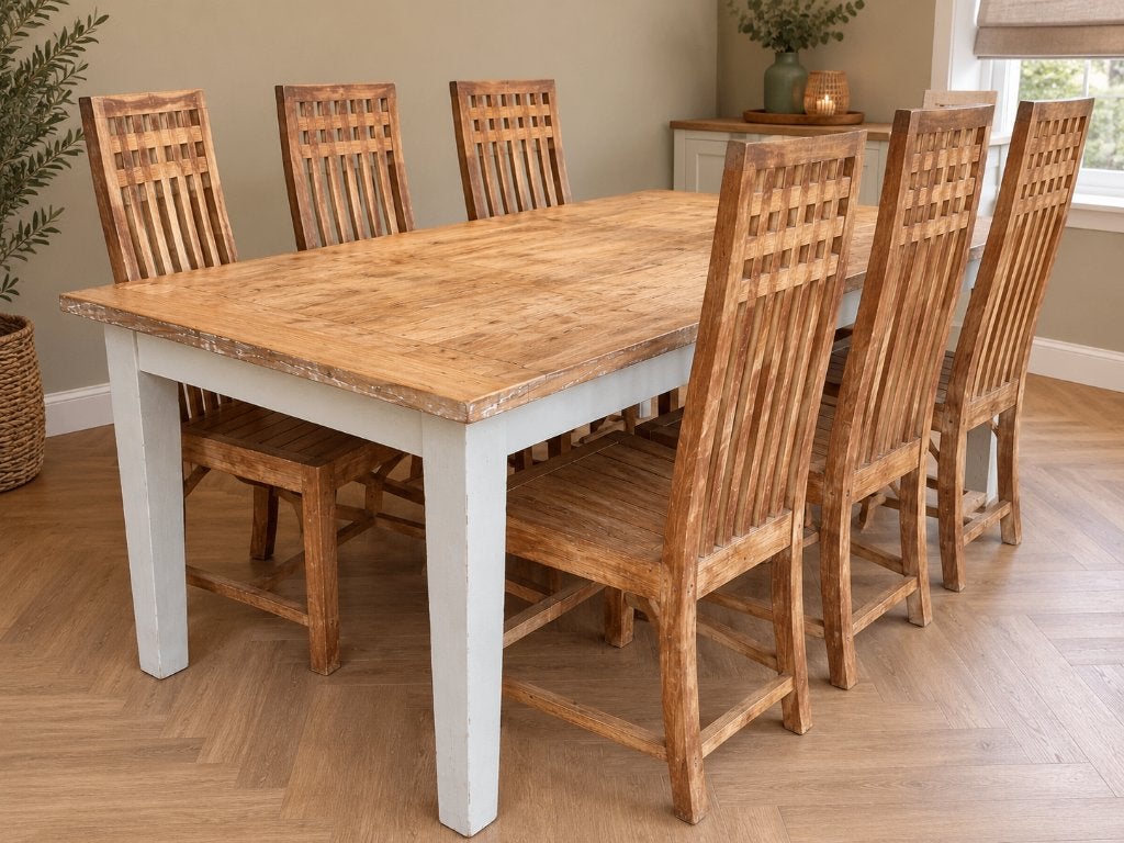 Landelijke teakhouten eettafel met 6 houten stoelen, Ophalen, Gebruikt, Teakhout, 200 cm of meer