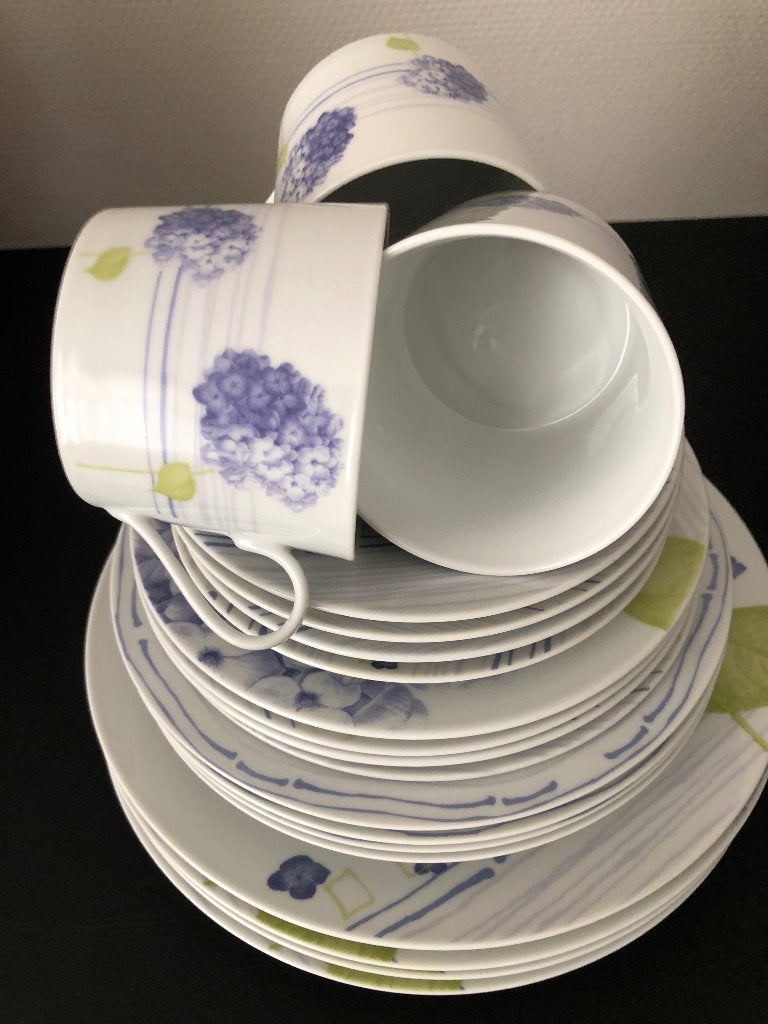 Servies set met hortensia design - 4 persoons, Ophalen, Overige merken, Zo goed als nieuw, Modern